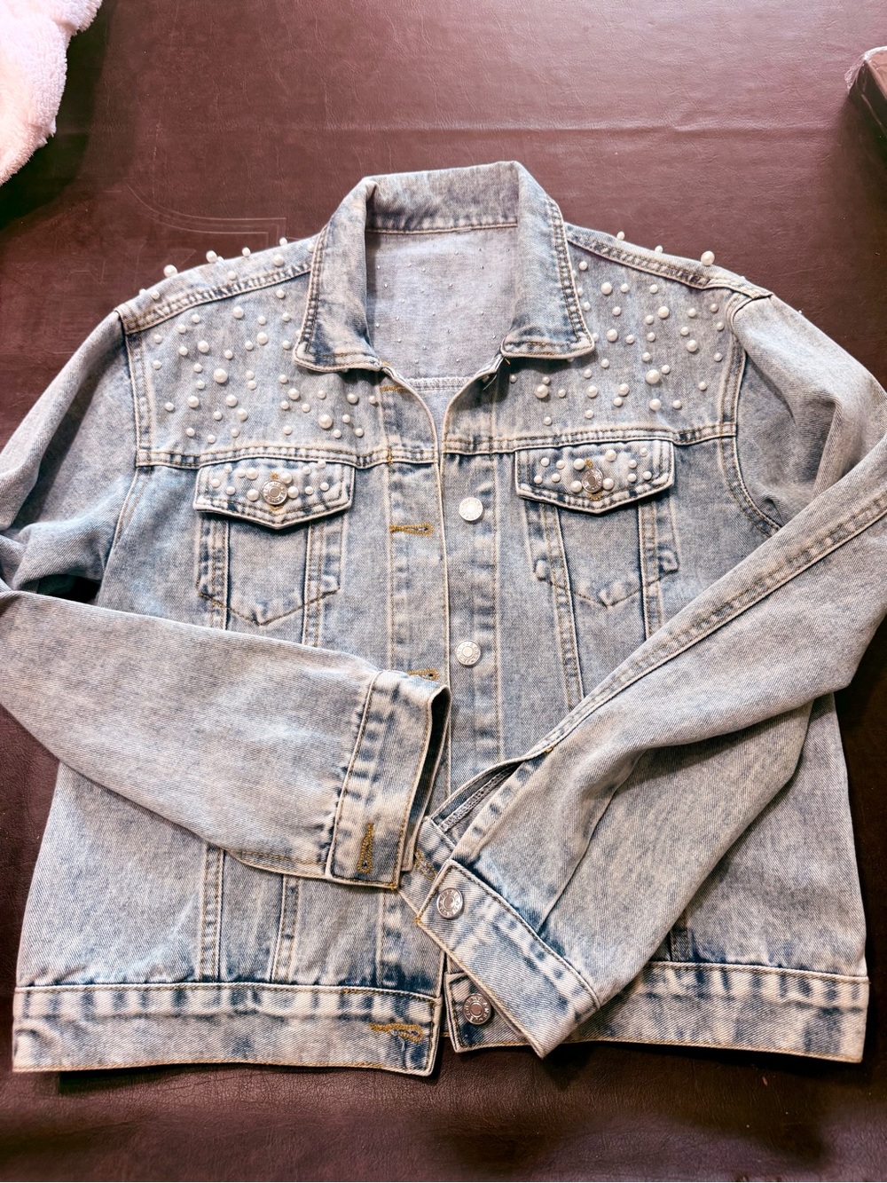 MARBLE Light Blue Denim Jacket with Pearl Embellishments - Picture 4 of 6